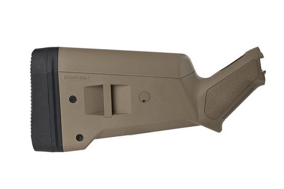 The Magpul SGA stock Mossberg 500 in FDE polymer features multiple adjustment options